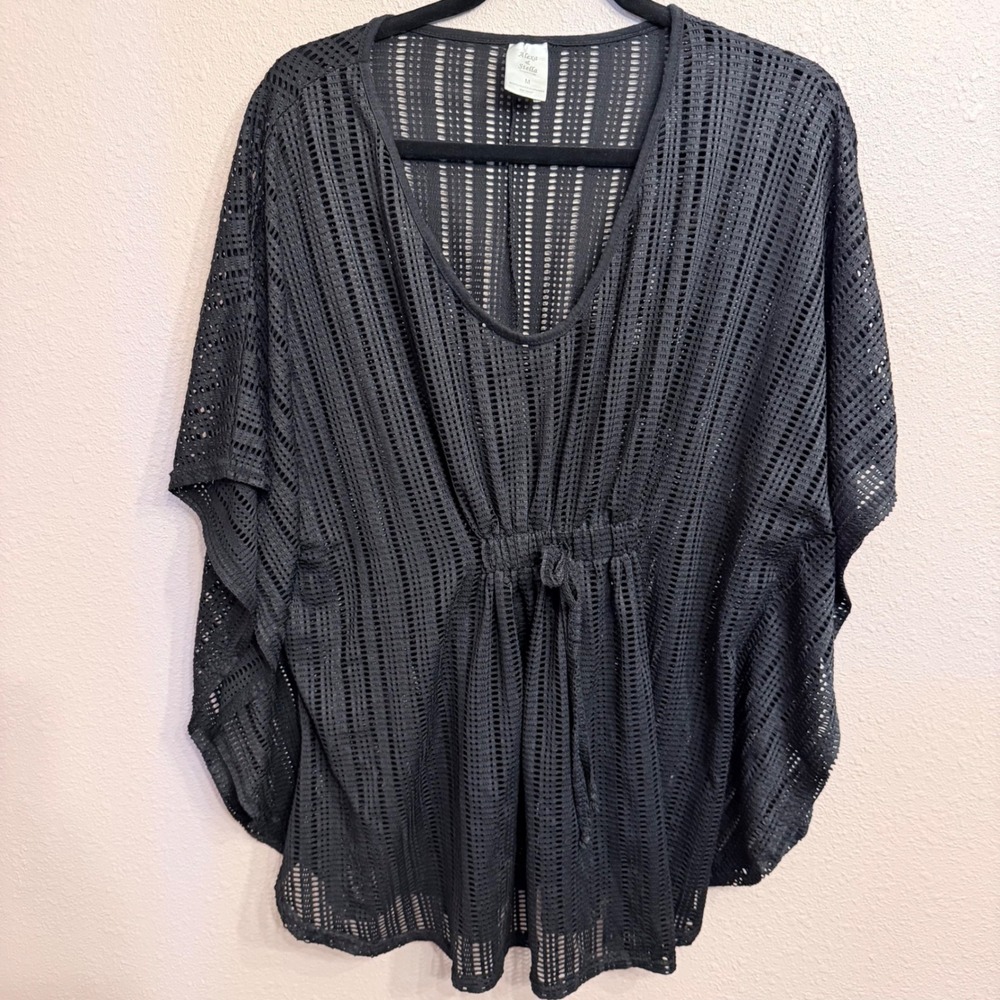 Alexa & Stella Black Mesh Swim Cover Up V-Neck Drawstring Waist Kaftan Medium